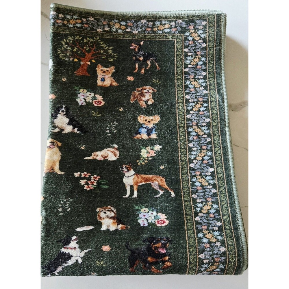Whimsical Dog Print Runner Rug 2x6 Dark Green Washable Coquette Cottagecore
